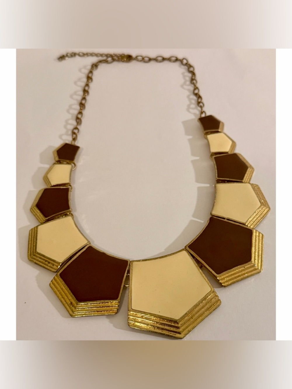 Vintage Style Geometric Statement Necklace Gold Tone Brown Cream Bib Necklace